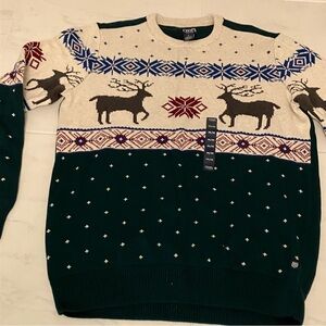 Chaps green patterned cotton sweater.  New!  Deer print!